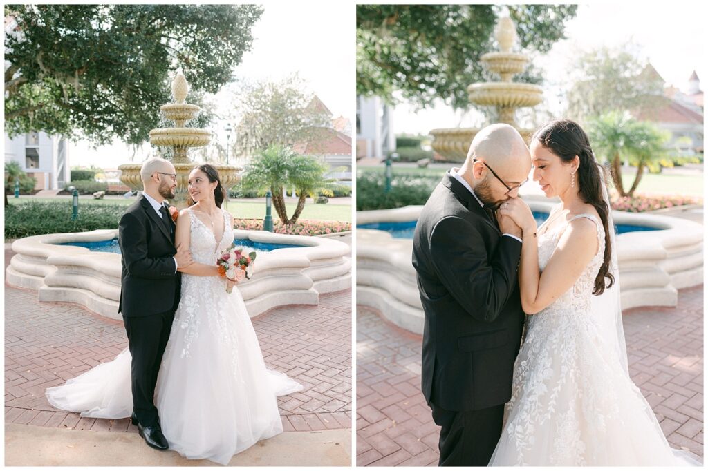 Afternoon wedding portraits of bride and groom outside Disney's Grand Floridian Resort and Spa by Elizabeth Kane Photography in Orlando Florida