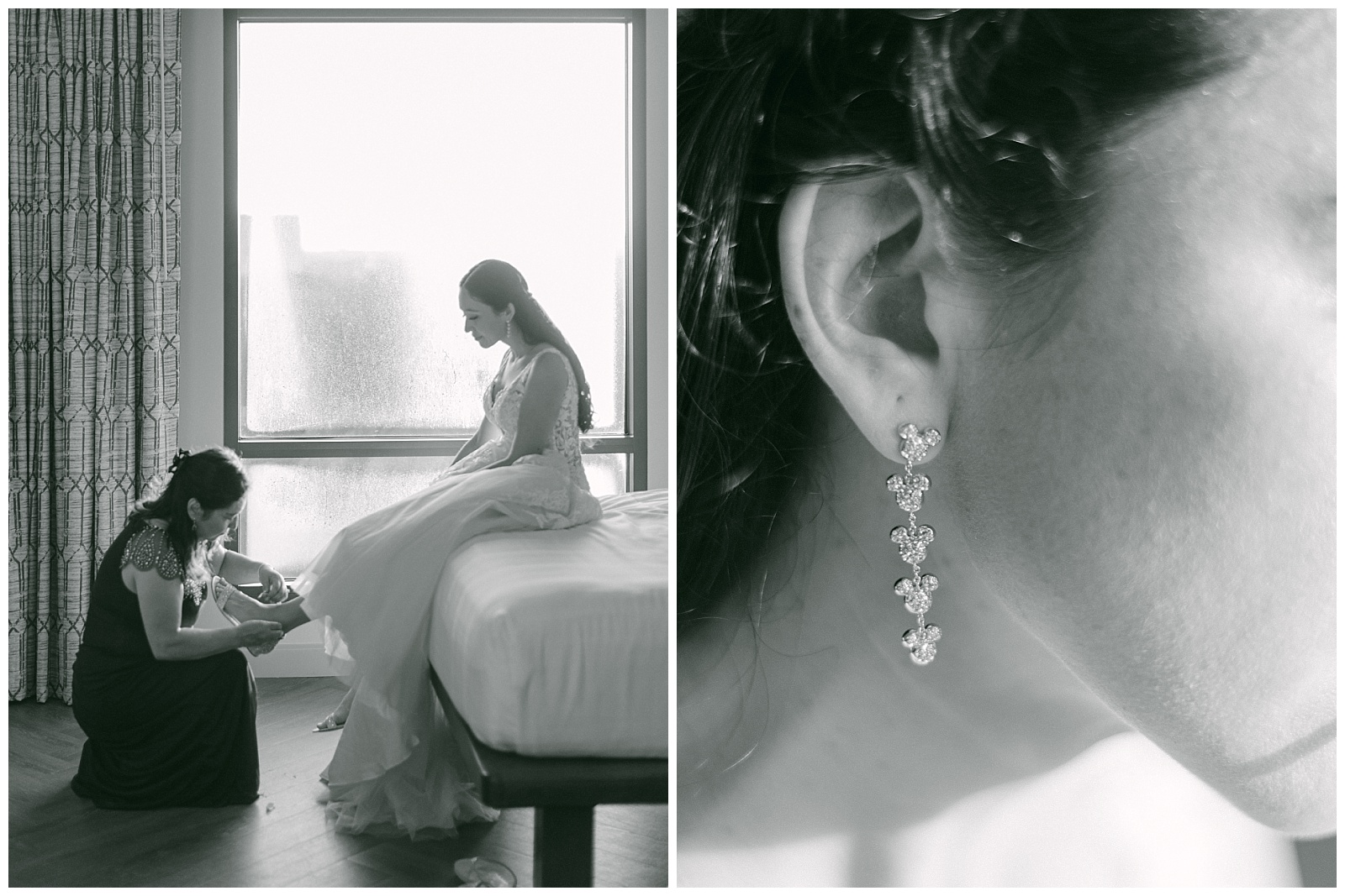 Left: Mother of the bride assists bride with putting on her shoes.
Right: Close up detail photograph of brides Baubble Bar earrings.