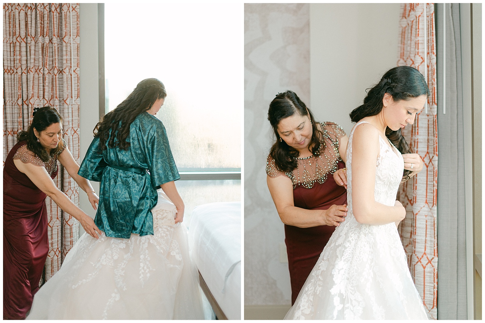 Left: Mother of the bride assisting the bride into her wedding dress during the getting ready phase of the wedding day.
Right: Mother of the bride zipping the bride into the wedding dress.
By Elizabeth Kane Photography at Disney's Riviera Resort in Orlando Florida