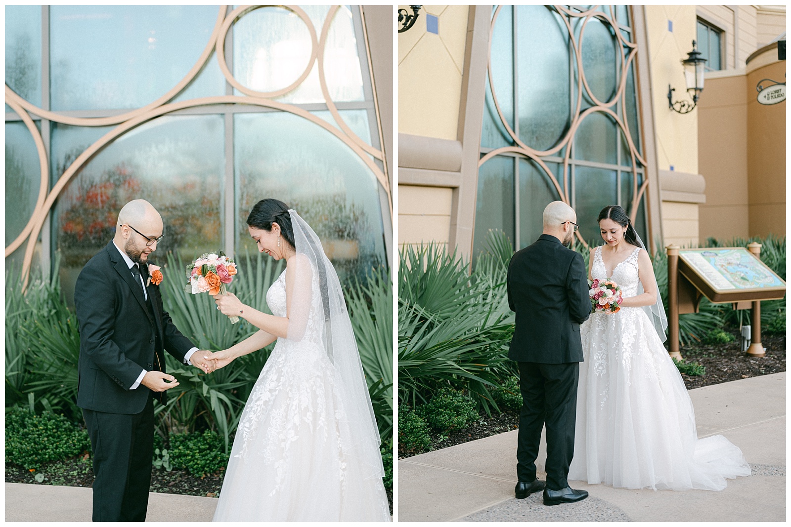 Left: Groom looking at all of the details on the brides dress.
Right: Bride looking at all the details on the groom.
By Elizabeth Kane Photography at Disney's Riviera Resort in Orlando Florida