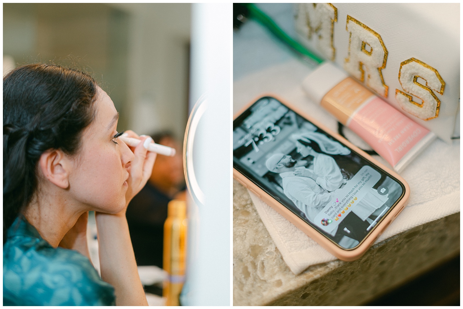Left: Bride doing her makeup before getting into her wedding dress.
Right: Notification of grooms text after receiving and reading his note and gift.
By Elizabeth Kane Photography at Disney's Riviera Resort in Orlando Florida