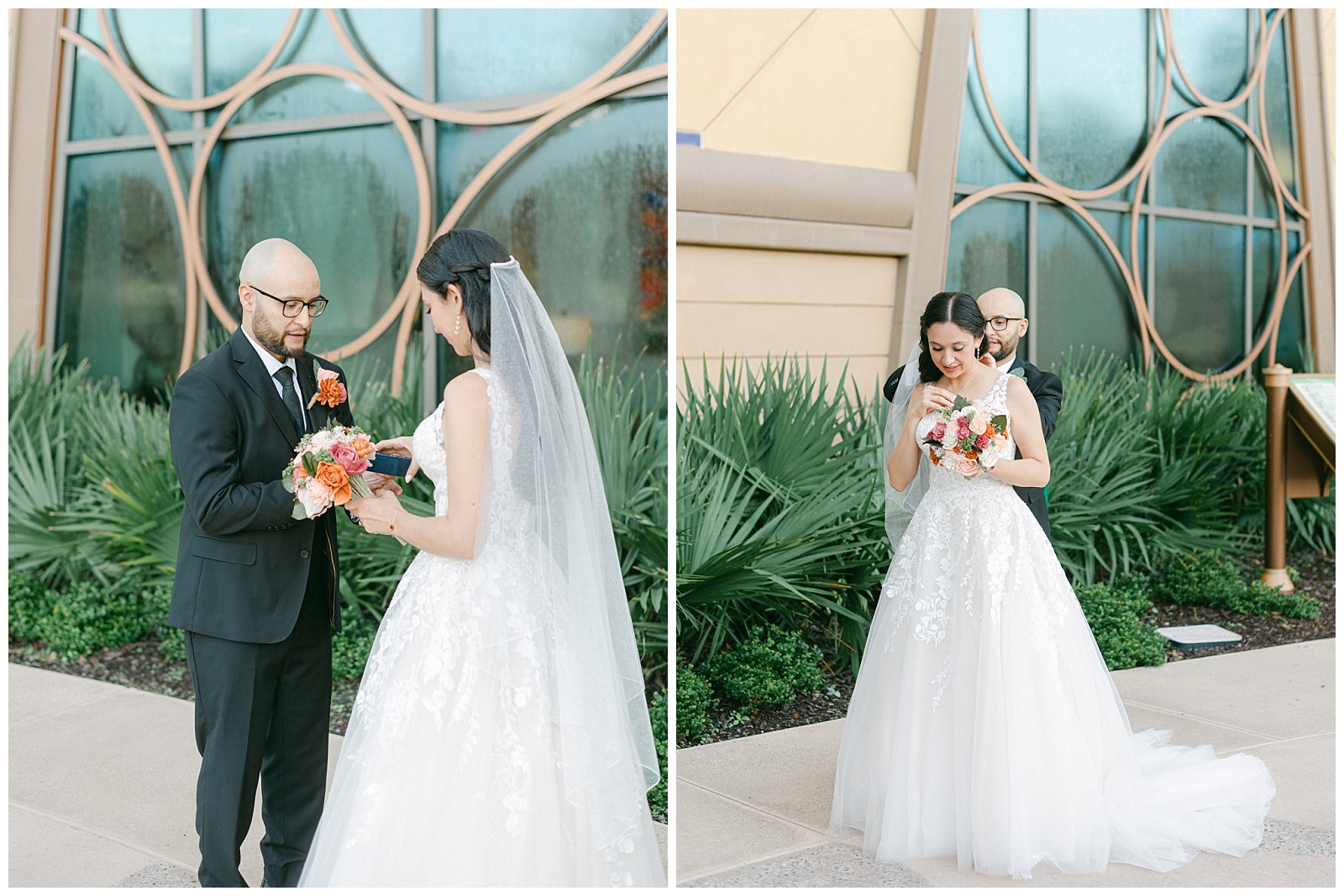 Left: Groom surprises bride with wedding gift during their first look.
Right: Groom helps bride put on wedding day necklace. By Elizabeth Kane Photography at Disney's Riviera Resort in Orlando Florida