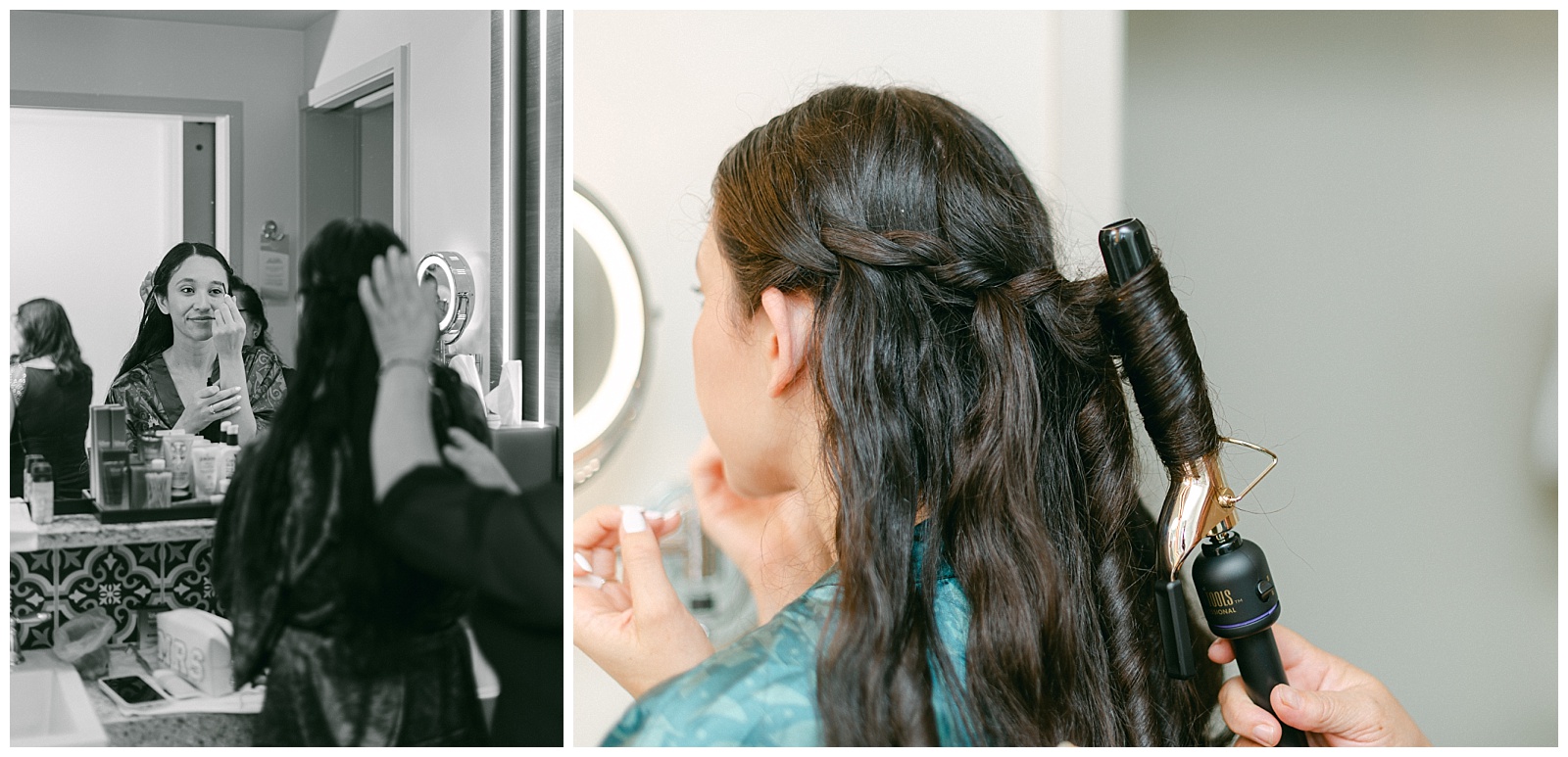 Left: Black and white getting ready photo of bride doing her makeup before getting into her wedding dress.
Right: Bride's hair being done by her family member. 
By Elizabeth Kane Photography at Disney's Riviera Resort in Orlando Florida