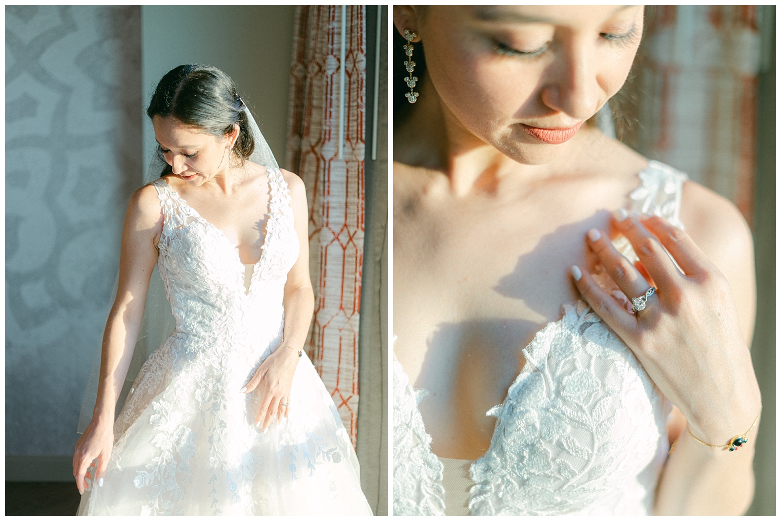 Left: Bride fixing her wedding dress during in room portraits.
Right: Close up detail photo of the bride's engagement ring.
By Elizabeth Kane Photography at Disney's Riviera Resort in Orlando Florida