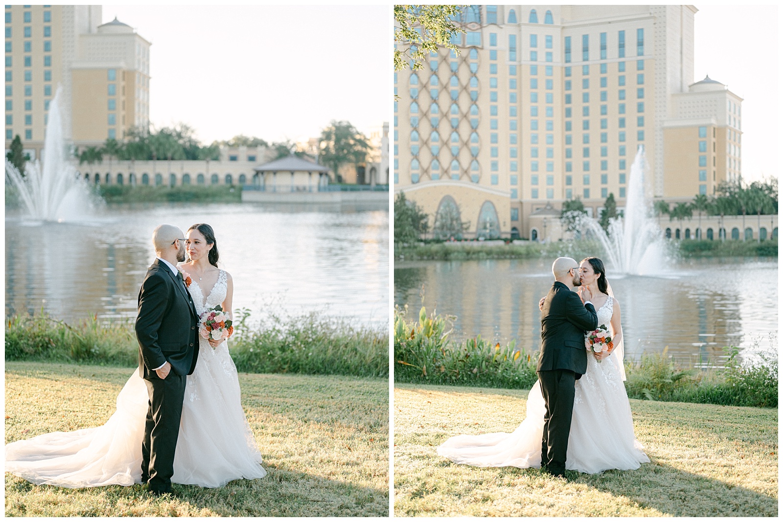Left: Bride and Groom portrait next to Disney's Riviera Resort Lake.
Right: Bride and Groom kiss portrait next to Disney's Riviera Resort Lake.
By Elizabeth Kane Photography in Orlando Florida