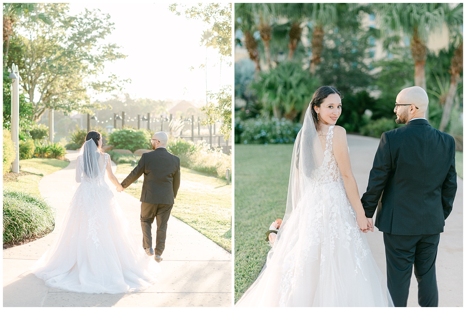 Left: Bride and Groom heading back towards hotel after morning couple portraits
Right: Groom admiring bride on their walk back to Disney's Riviera Resort
By Elizabeth Kane Photography in Orlando Florida
