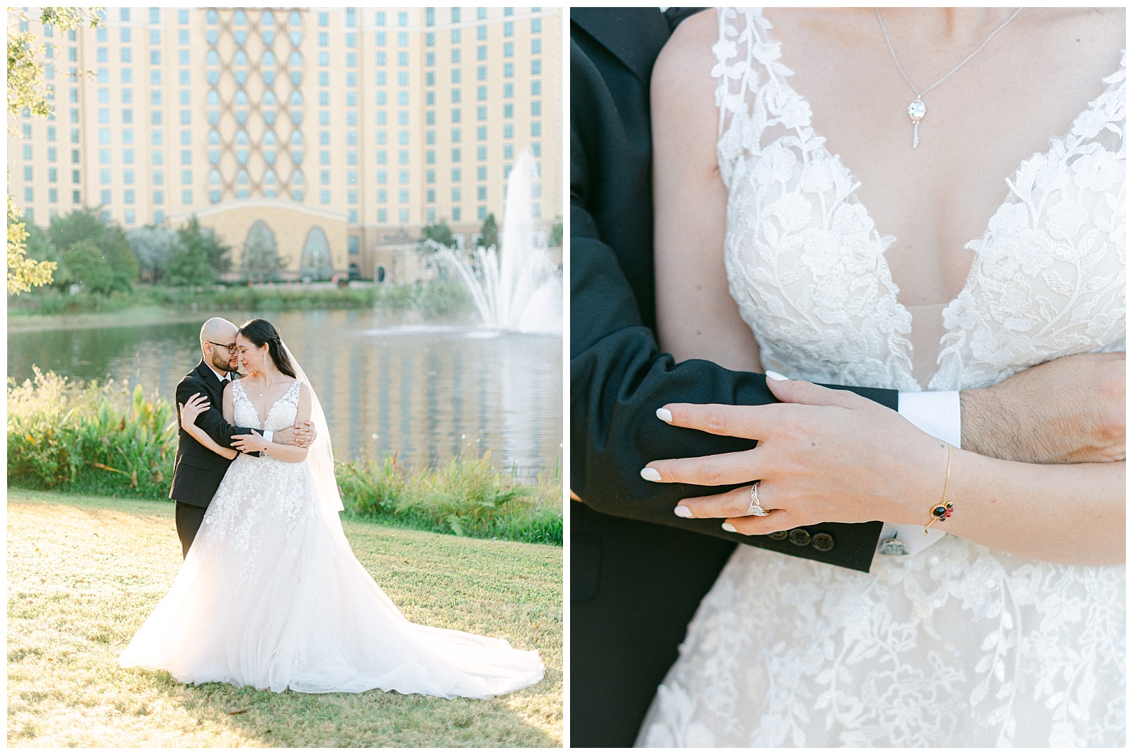 Left: Bride and Groom to in a quiet moment during morning couple portraits
Right: Detail photograph of embrace and jewelry
By Elizabeth Kane Photography in Orlando Florida