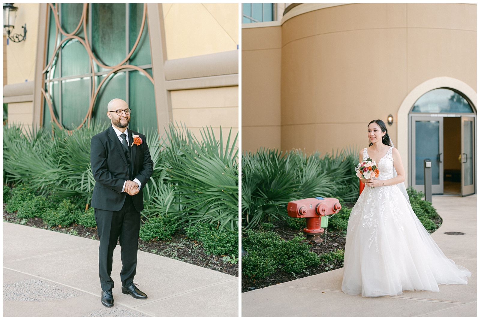 Left: Groom seeing his bride for the first time on their wedding day.
Right: Bride seeing her groom for the first time on their wedding day.
By Elizabeth Kane Photography at Disney's Riviera Resort in Orlando Florida