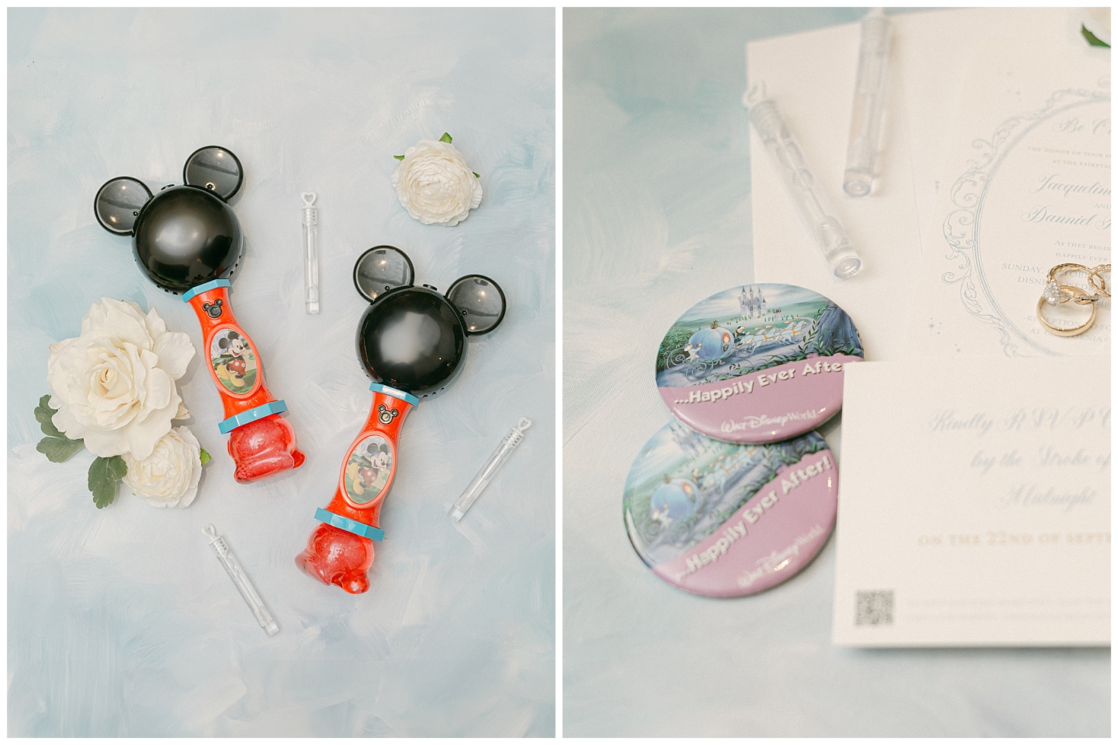 Flat Lay Photography of Mickey Bubble Wands and close up photo of Disney celebration buttons by Elizabeth Kane Photography at Disney's Riviera Resort in Orlando Florida