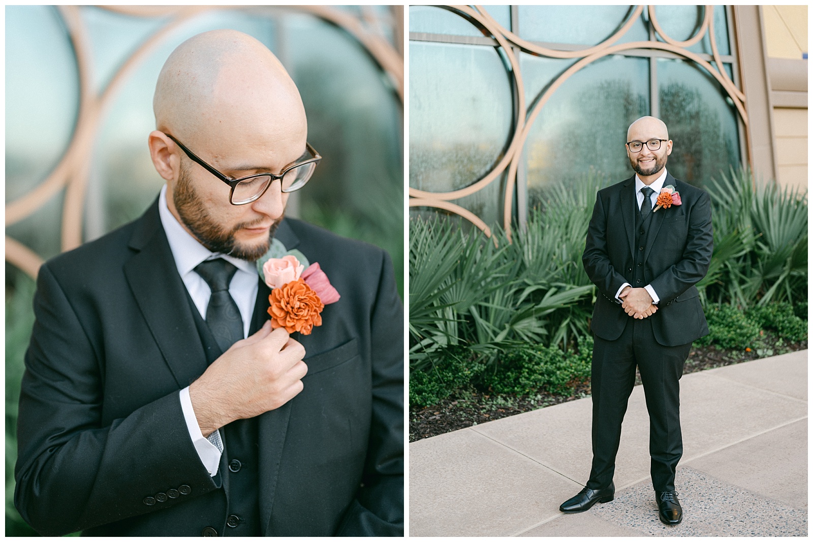 Left: Groom fixing his boutonniere while waiting for his bride.
Right: Groom portrait in the courtyard outside Disney's Riviera Resort.
By Elizabeth Kane Photography in Orlando Florida 