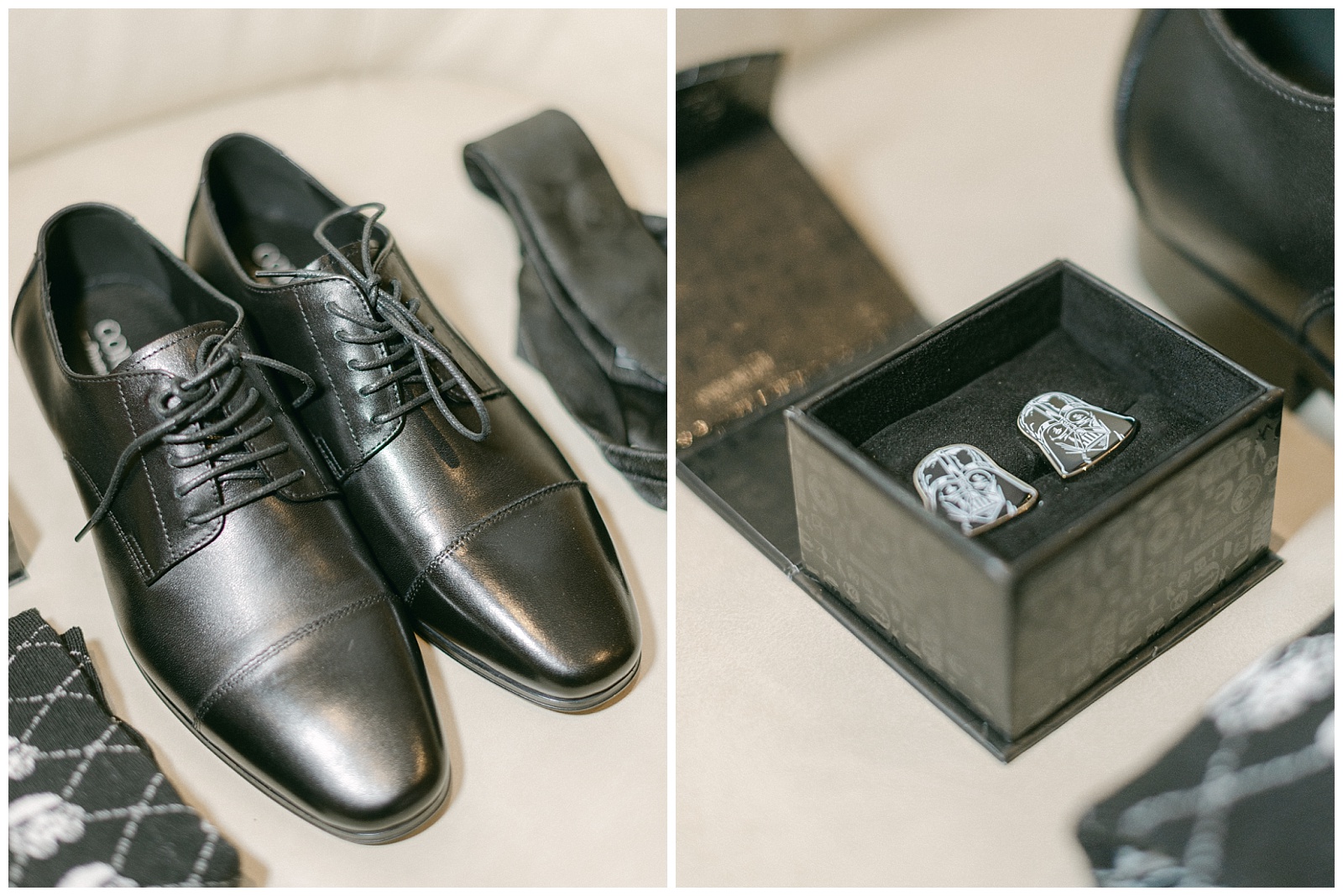 Wedding flat lay photo of grooms shoes, bow tie, and star wars cuff links by Elizabeth Kane Photography at Disney's Riviera Resort in Orlando Florida