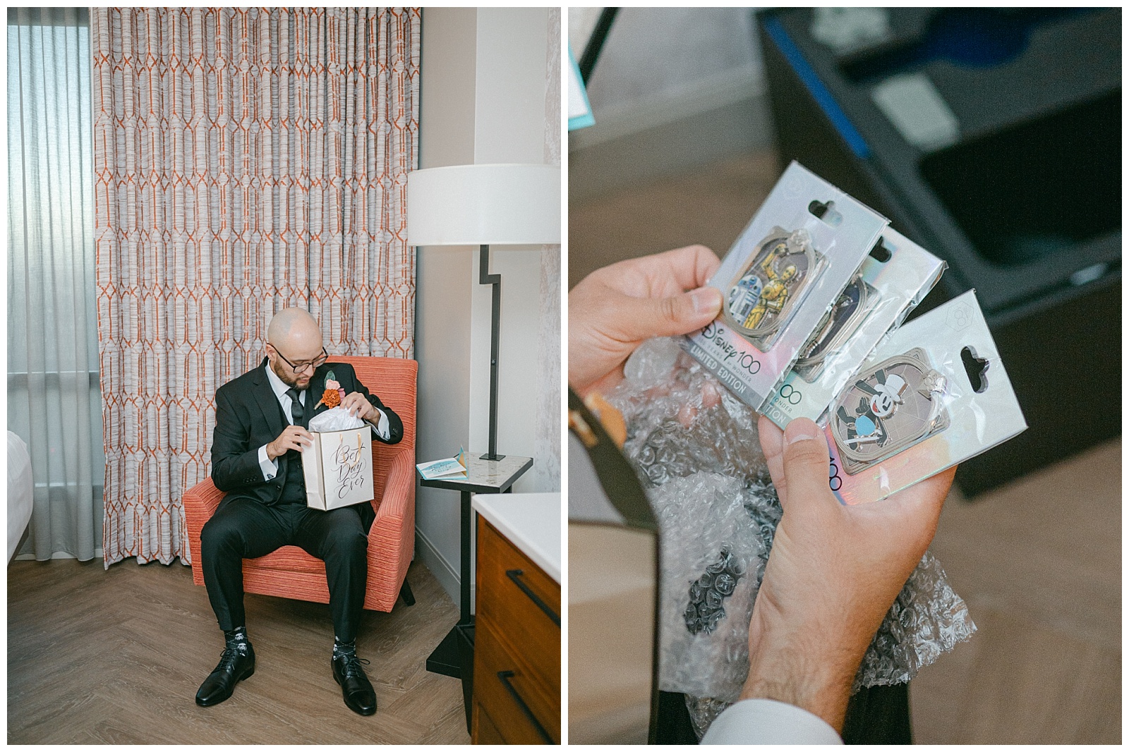 Groom opening his wedding gift from his bride before the first look. Gift received Disney pins. By Elizabeth Kane Photography at Disney's Riviera Resort in Orlando Florida