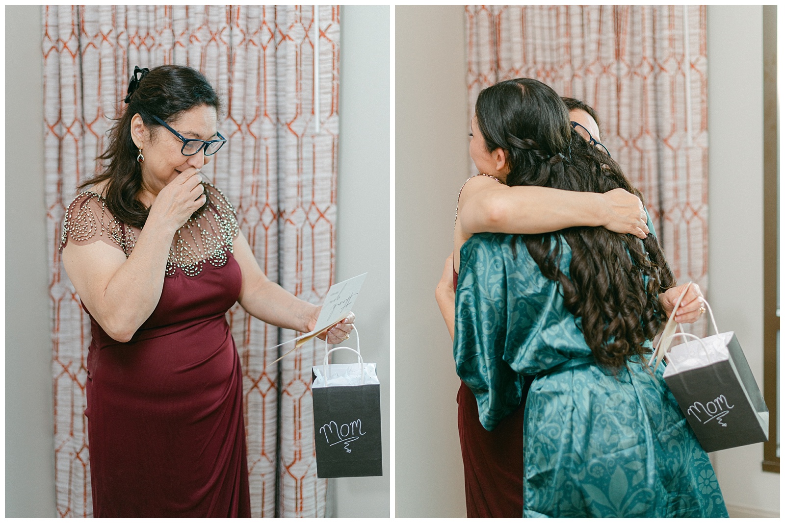 Left: Emotion getting ready photo of the mother of the bride.
Right: Mother of the bride and bride embrace each other.
By Elizabeth Kane Photography at Disney's Riviera Resort in Orlando Florida