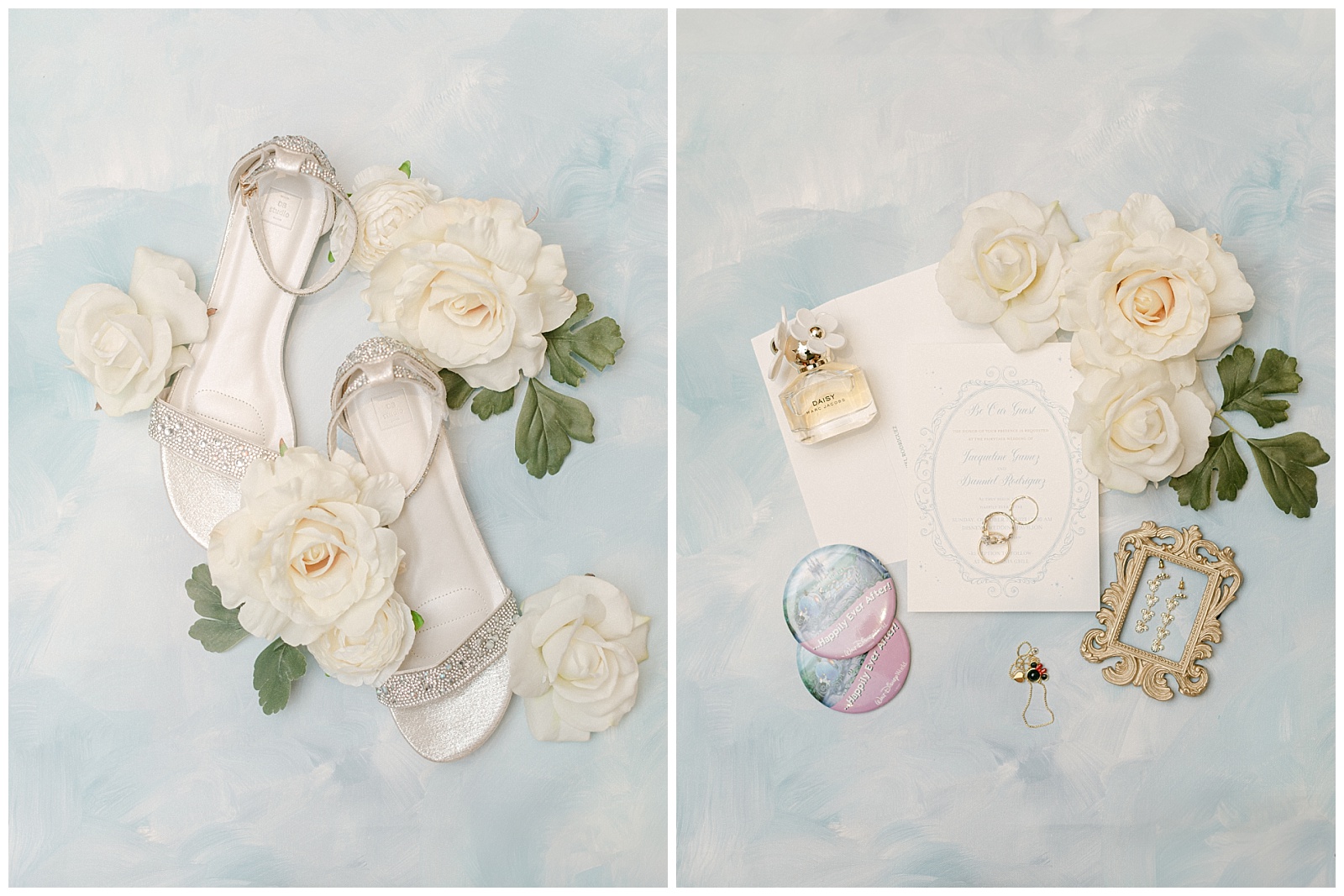 Flat Lays of Brides wedding shoes with florals on light blue surface and Wedding Stationery with rings, brides perfume, earrings, and disney celebration buttons by Elizabeth Kane Photography and Disney's Riviera Resort in Orlando Florida