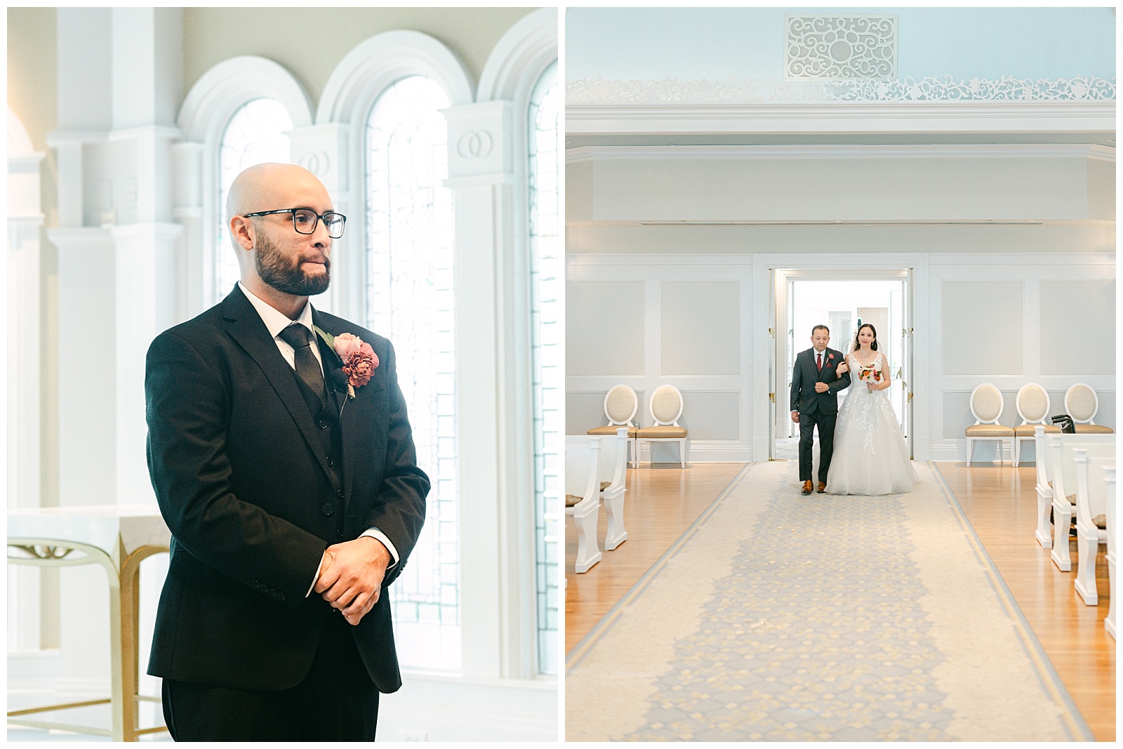Left: Groom seeing his bride enter Disney's Wedding Pavilion for the first time after parting ways at the Riviera Resort
Right: Bride walked down the aisle by her father
By Elizabeth Kane Photography in Orlando Florida