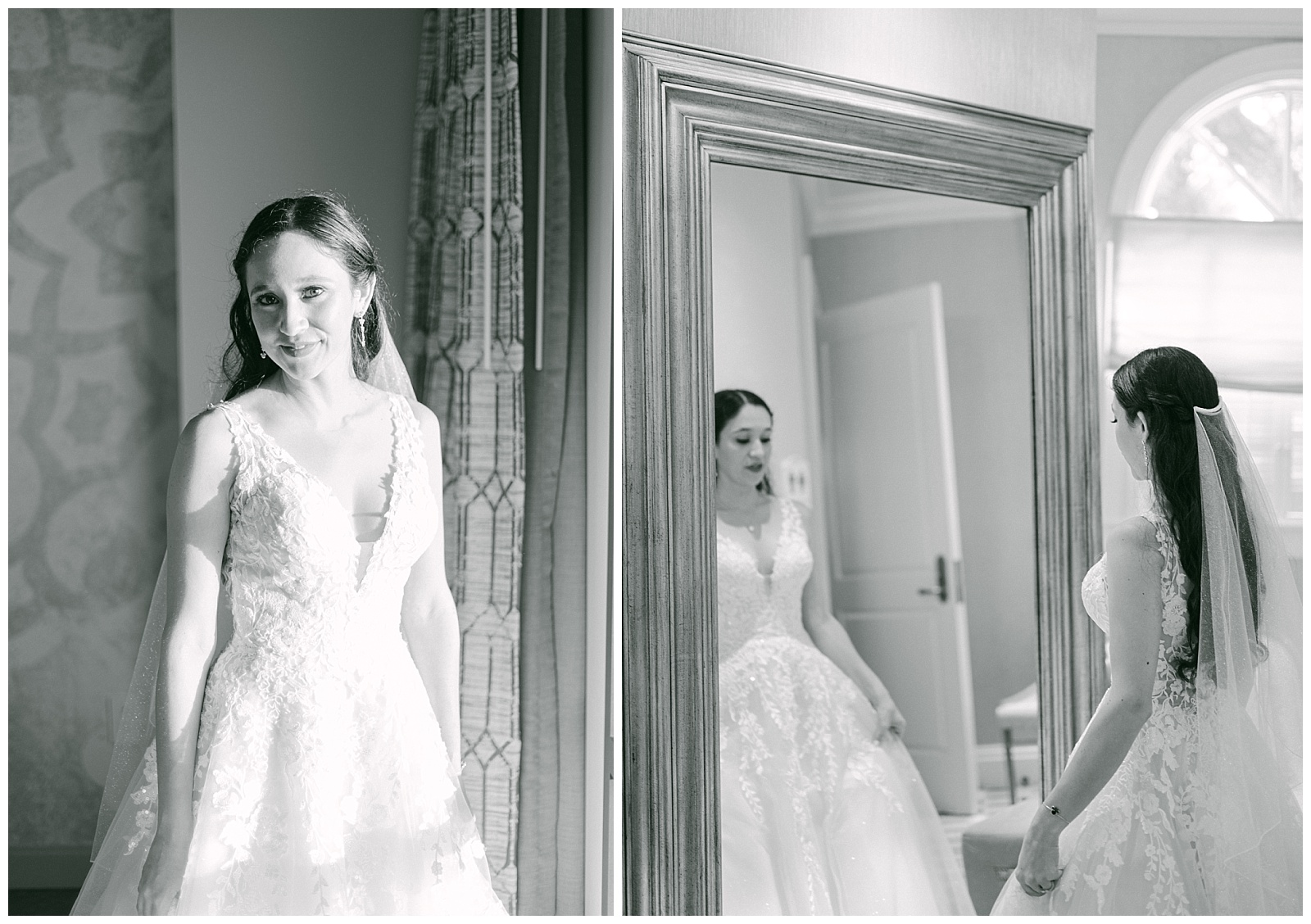 Left: Black and white bridal portrait before the first look.
Right: One final look in the mirror.
By Elizabeth Kane Photography at Disney's Riviera Resort in Orlando Florida