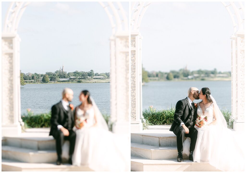 Left: Magic Kingdom Castle View from Disney's Wedding Pavilion
Right: Afternoon wedding portrait of bride and groom outside Disney's Wedding Pavilion 
By Elizabeth Kane Photography in Orlando Florida