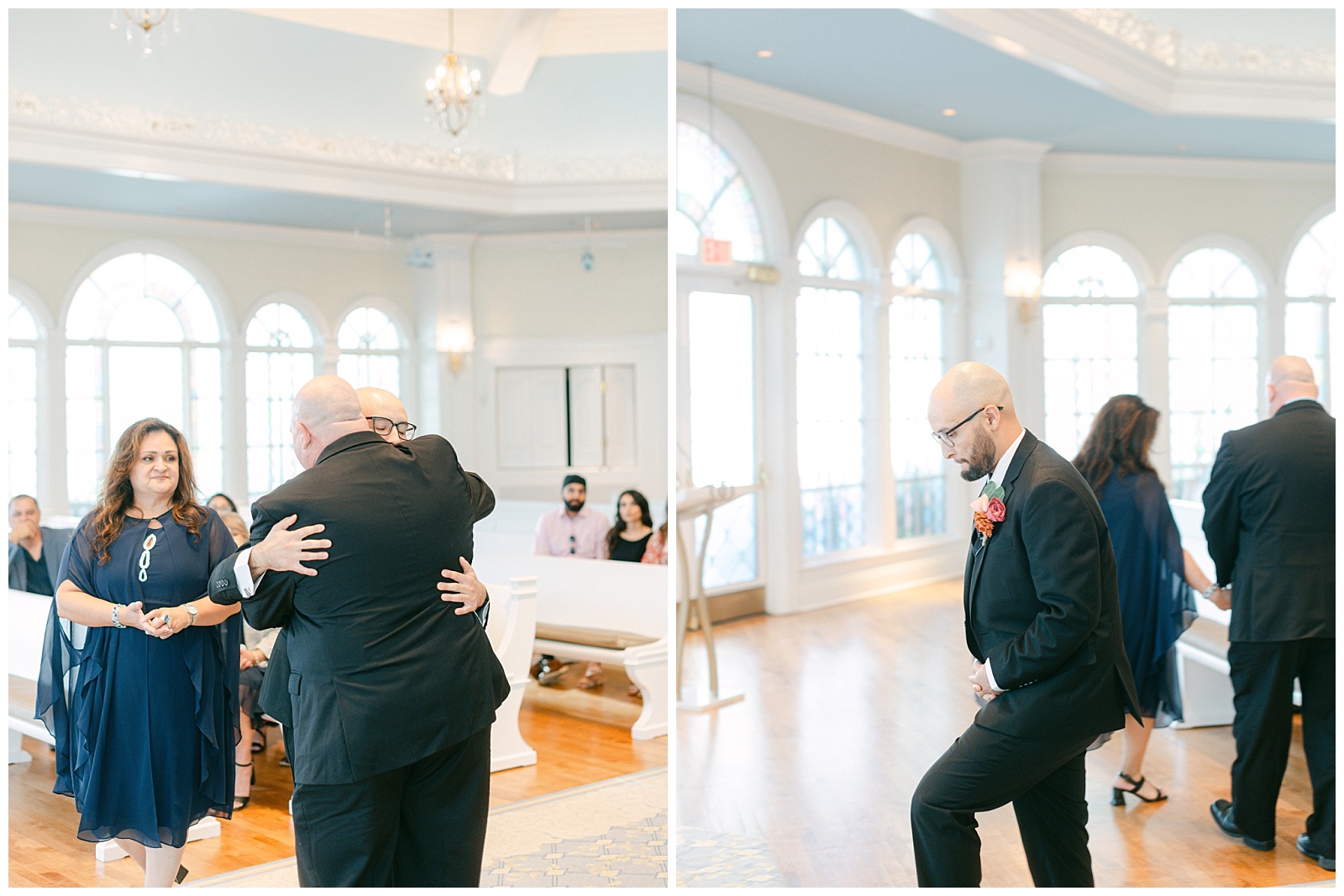 Left: Groom hugs father before parents sit down for wedding ceremony
Right: Groom heads up to the alter for the wedding ceremony
By Elizabeth Kane Photography in Orlando Florida