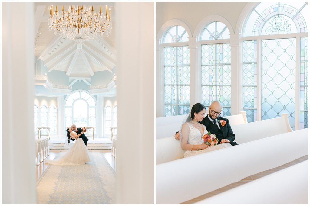 Wedding portraits of bride and groom inside Disney's Wedding Pavilion by Elizabeth Kane Photography in Orlando Florida