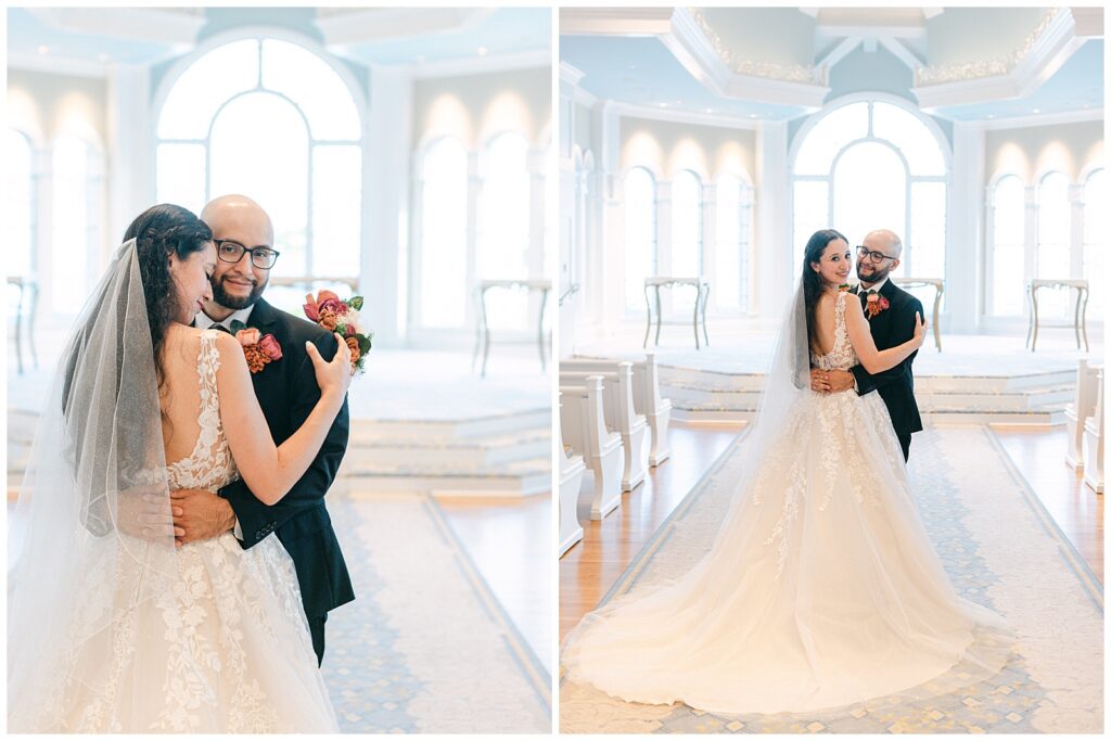 Wedding day portraits of bride and groom inside Disney's Wedding Pavilion by Elizabeth Kane Photography in Orlando Florida
