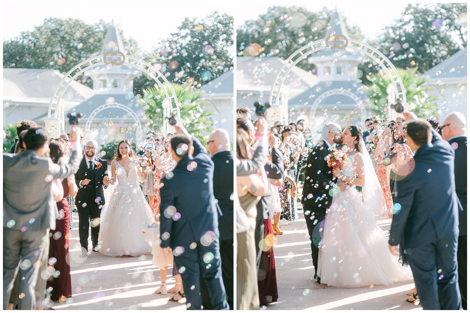 Bubble wand exit in front of Disney's Wedding Pavilion by Elizabeth Photography in Orlando Florida