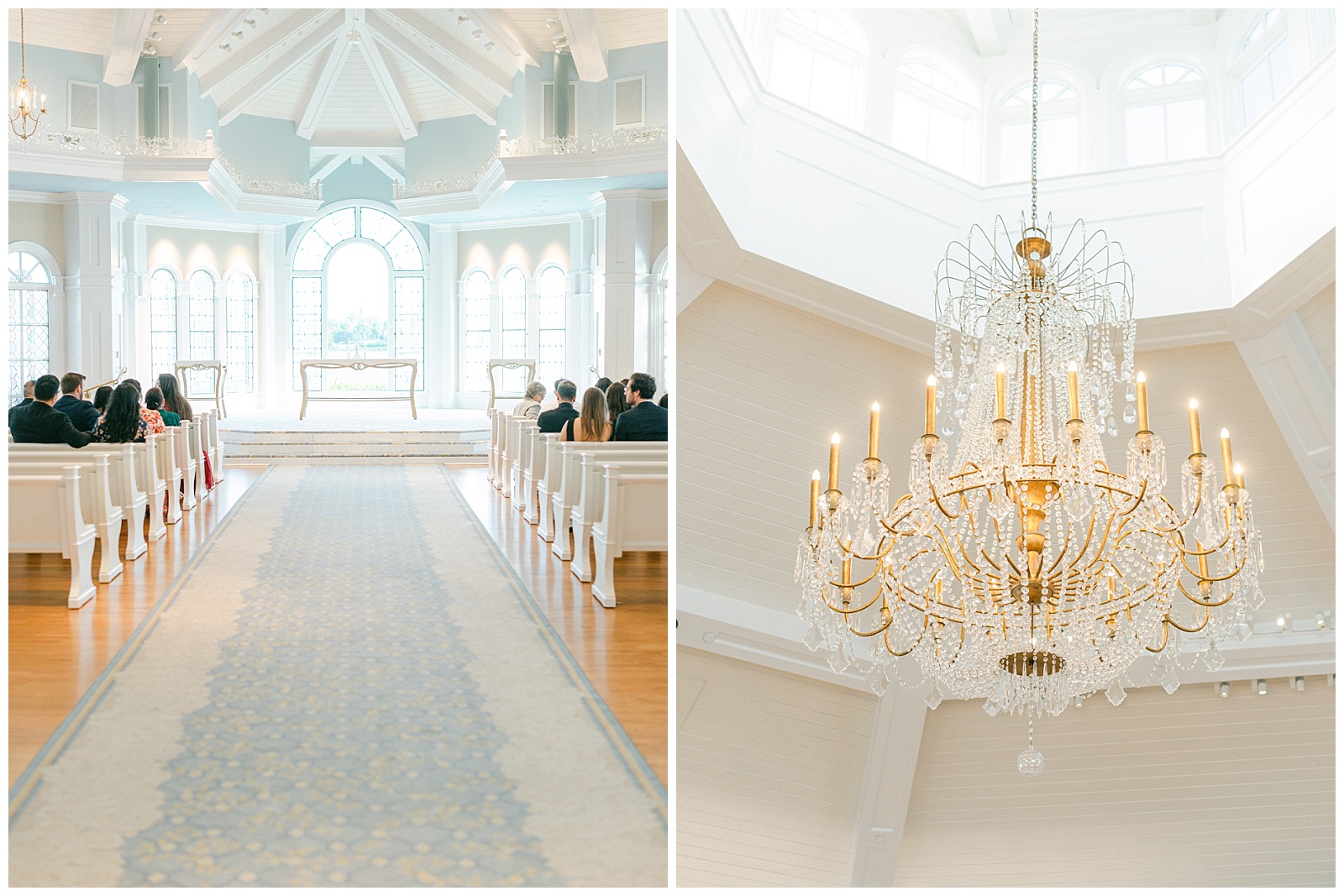 Left: Wedding guests waiting for ceremony to begin
Right: Detail photo of chandelier hanging in the middle of the wedding pavilion
By Elizabeth Kane Photography in Orlando Florida