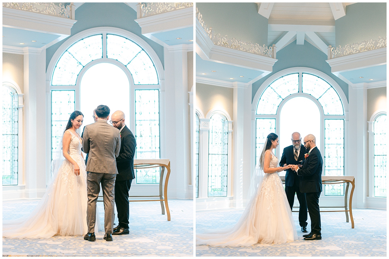 Left: Presentation of the rings.
Right: Bride and groom exchange rings during wedding ceremony.
By Elizabeth Kane Photography in Orlando Florida