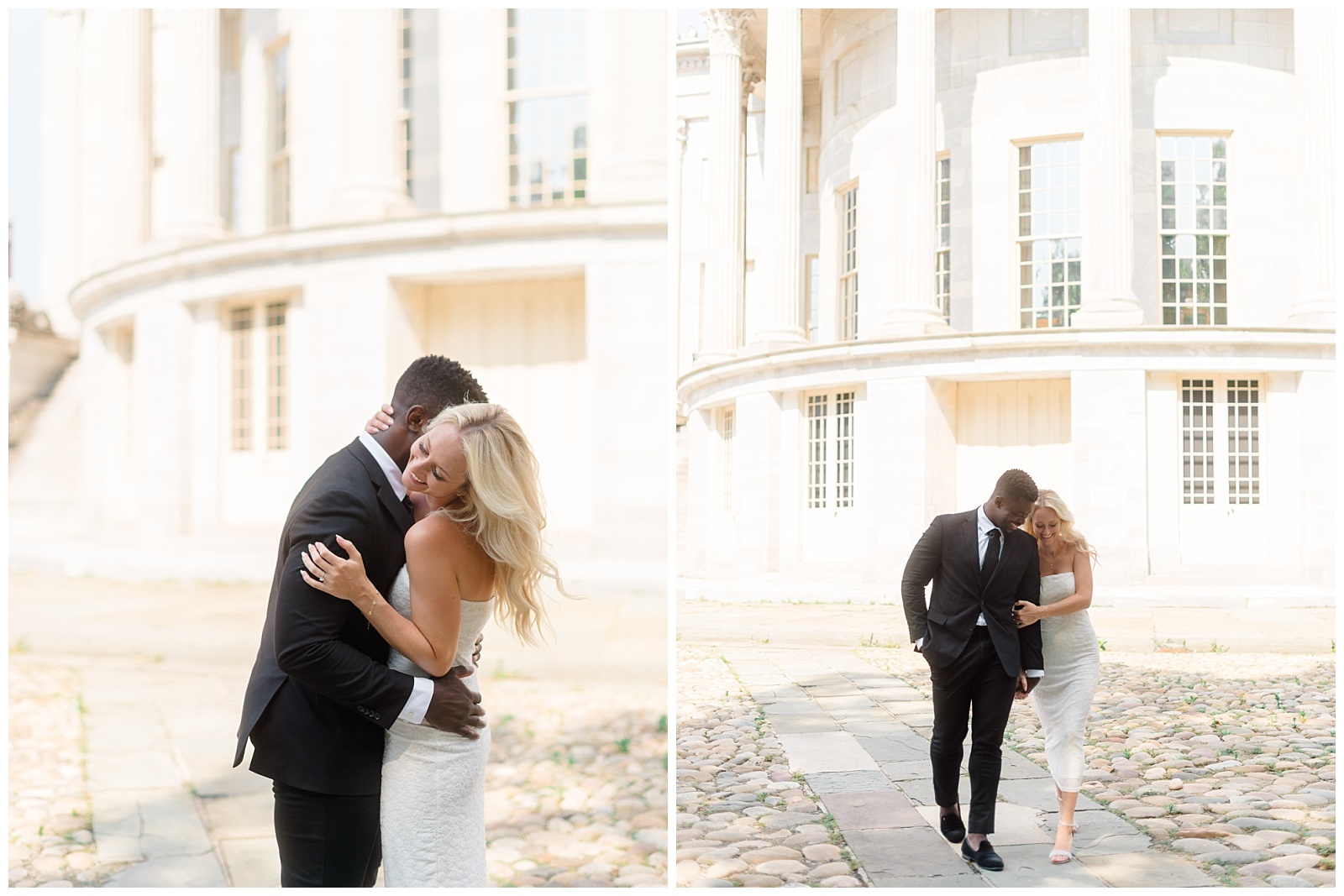 Couple embracing in front of historic marble building during Old City Philadelphia engagement session
