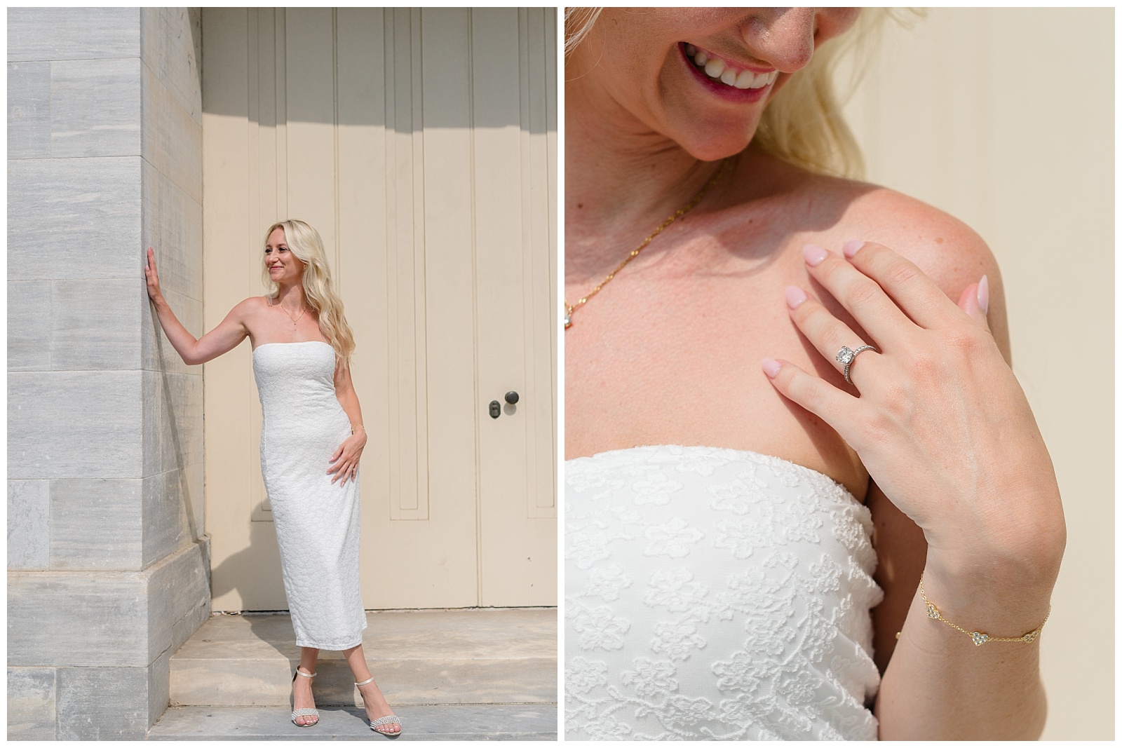 Bride-to-be leaning against stone wall showing engagement ring during Old City Philadelphia engagement session