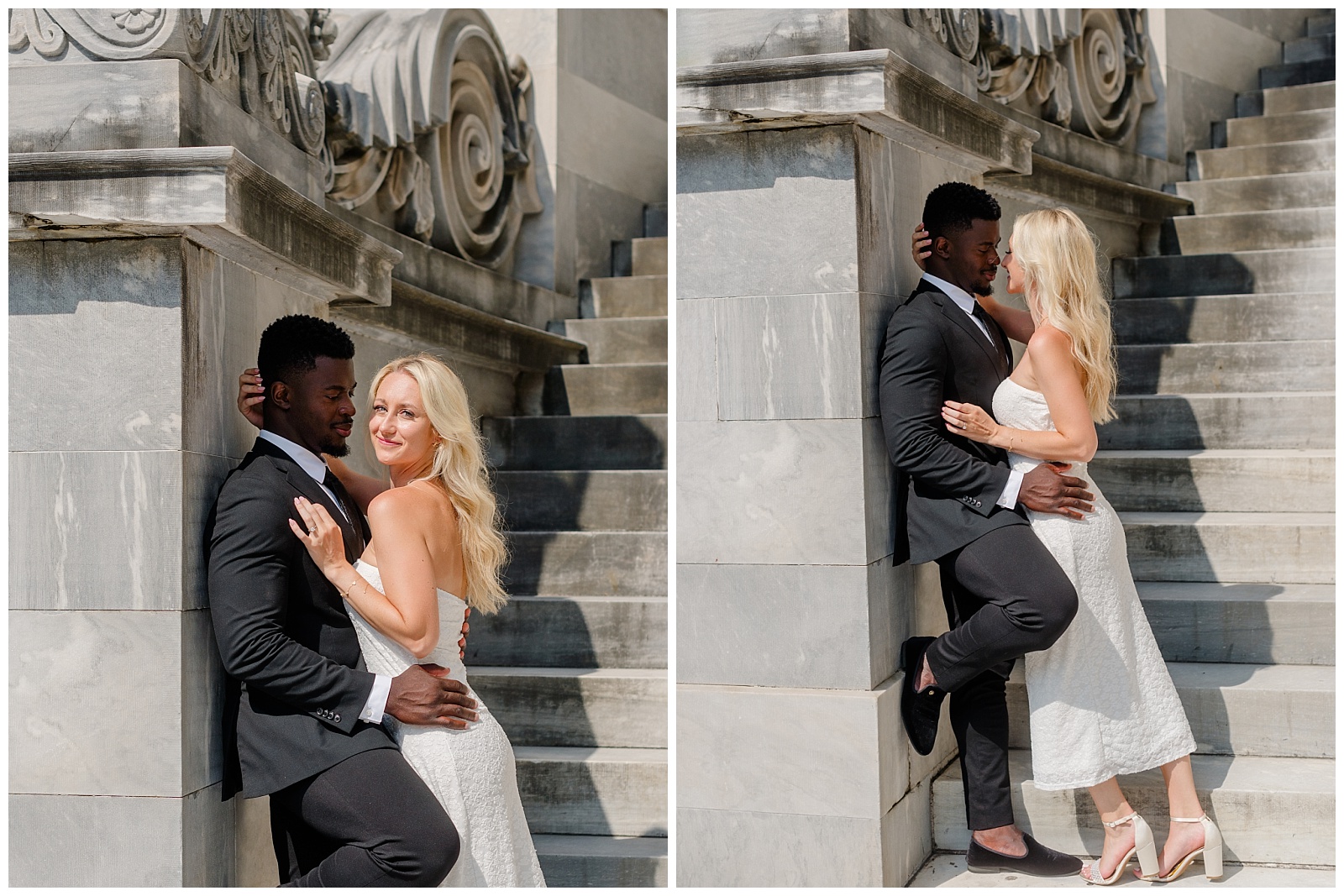 Engaged couple holding each other on marble staircase during Old City Philadelphia engagement session
