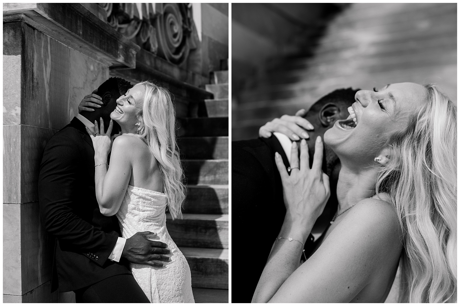 Playful black and white photo of couple laughing together at Old City Philadelphia engagement session