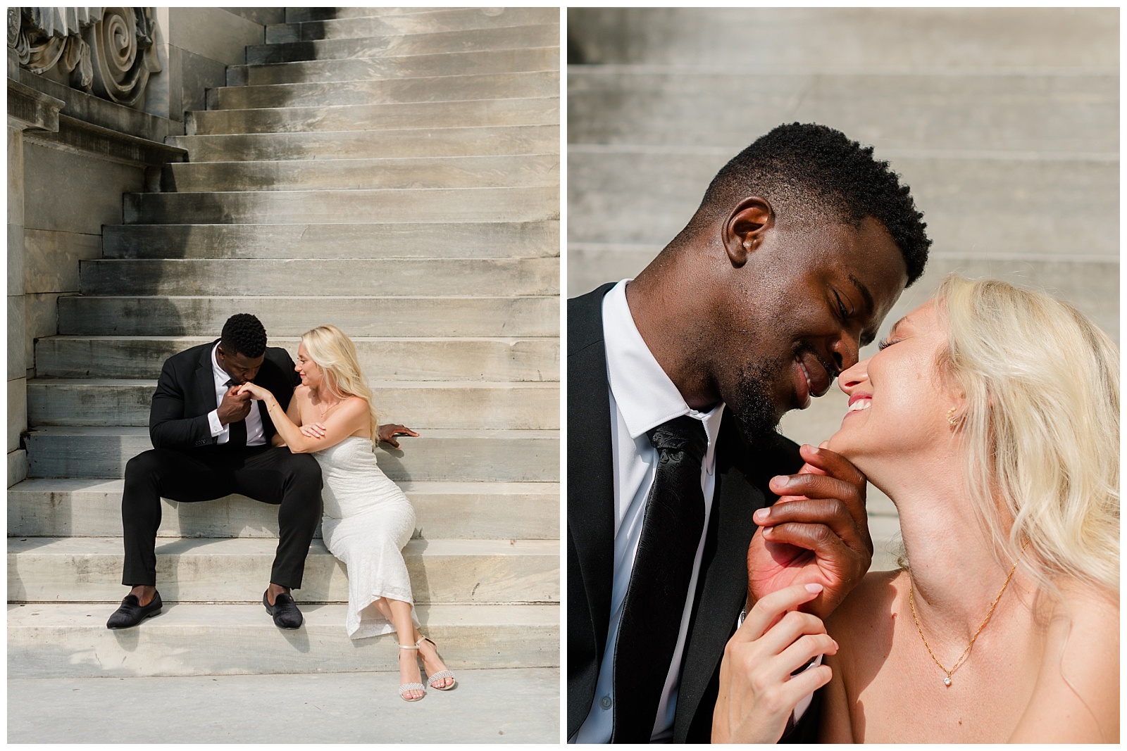 Engaged couple sitting on marble steps sharing intimate moment during Old City Philadelphia engagement session