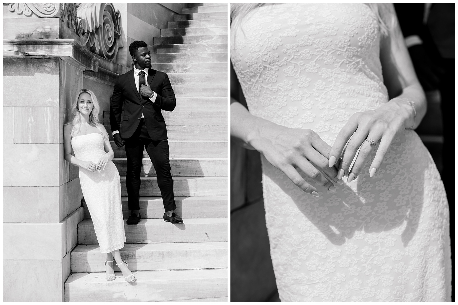 Black and white photo of engaged couple posing against historic architecture in Old City Philadelphia engagement session