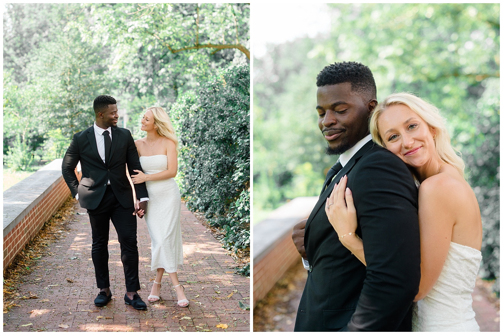 Engaged couple walking hand in hand on a brick path surrounded by greenery during Old City Philadelphia engagement session