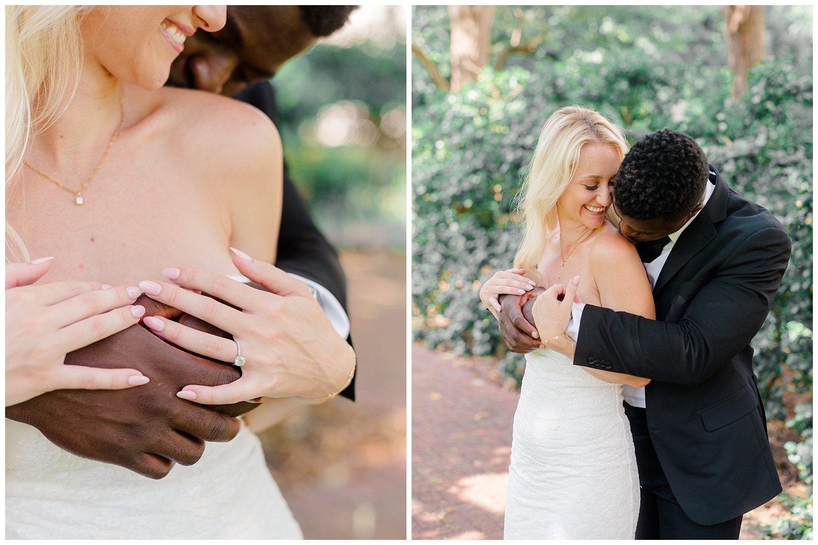 Old City Philadelphia engagement session featuring a bride-to-be in a strapless white dress embraced by her groom-to-be in a black suit, showcasing tender, intimate moments.