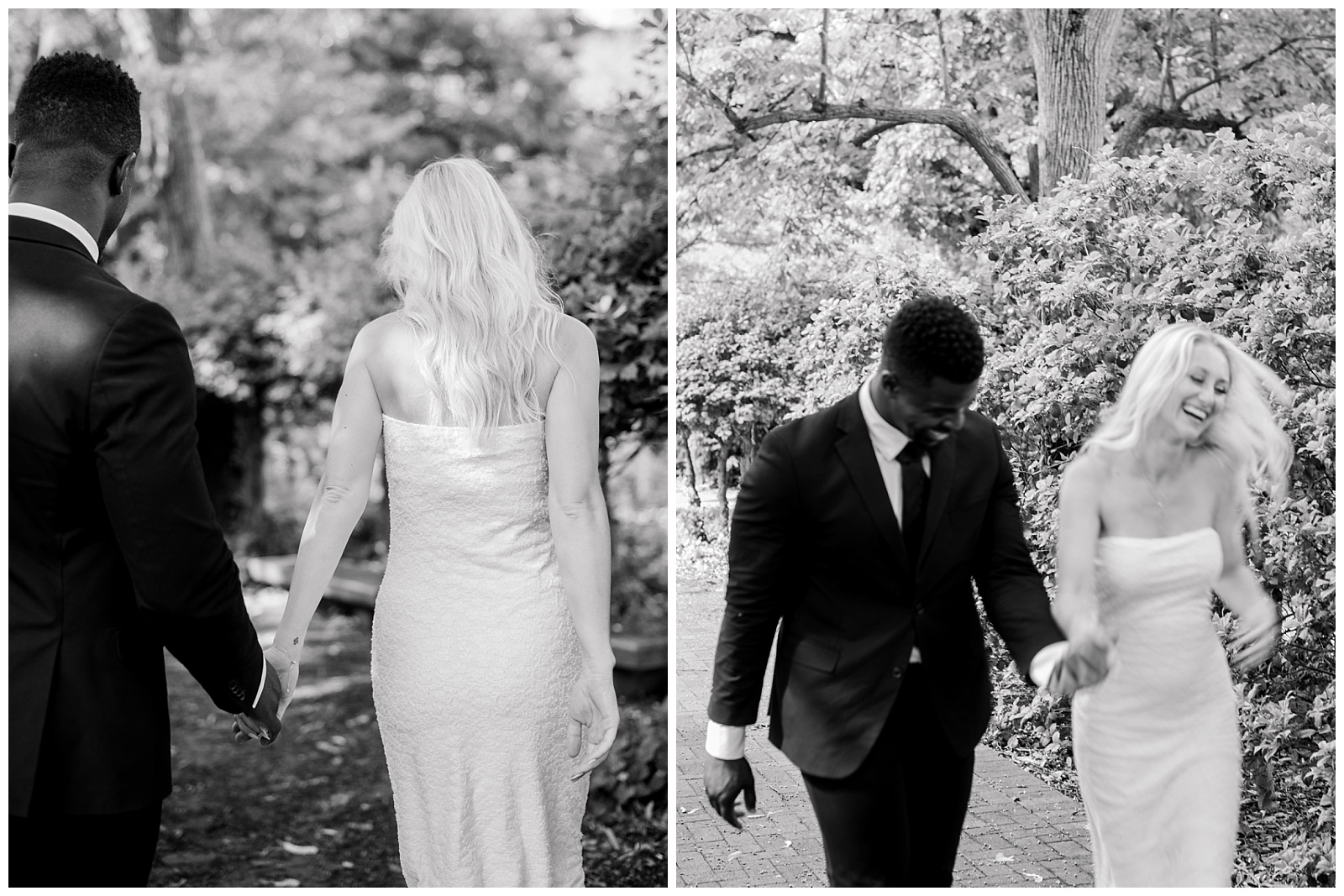 Candid black and white engagement photos in Old City Philadelphia, featuring a stylish couple walking hand in hand and laughing together, captured by a Philadelphia engagement photographer.