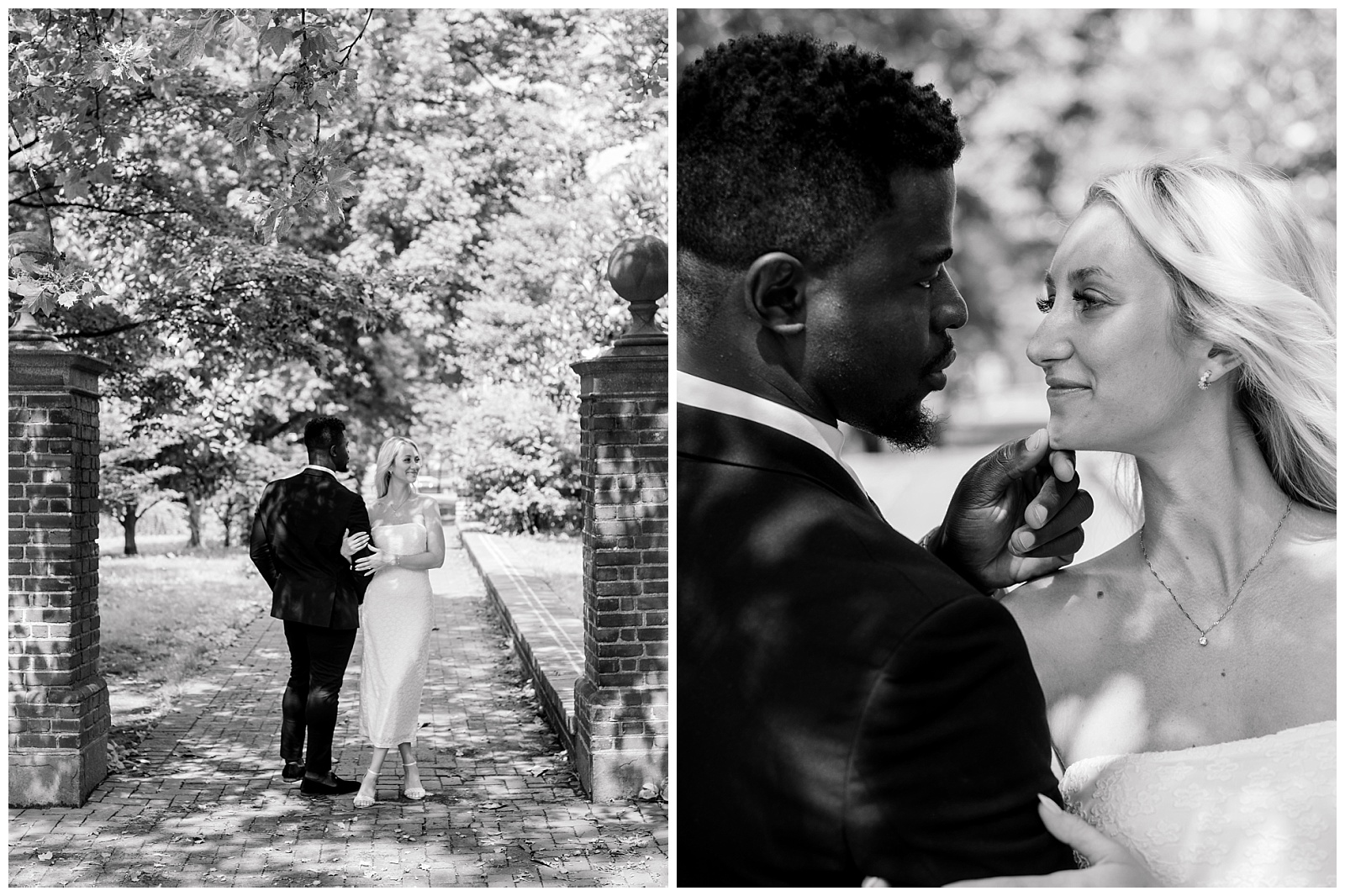 Romantic black and white close-up of couple gazing into each other’s eyes during Old City Philadelphia engagement session