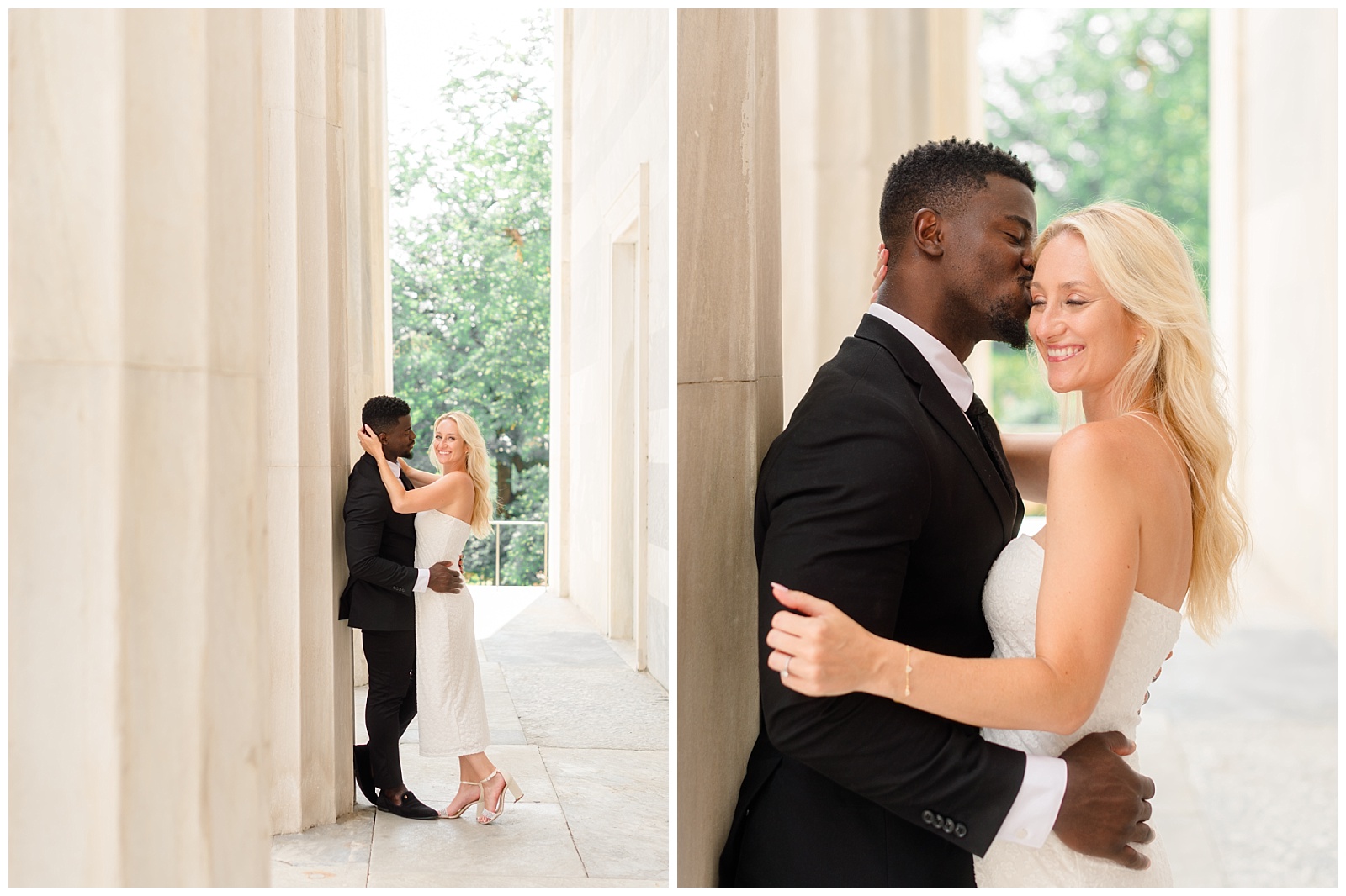 Romantic Old City Philadelphia engagement session with a stylish couple embracing between the marble columns, captured by a luxury Philadelphia wedding photographer