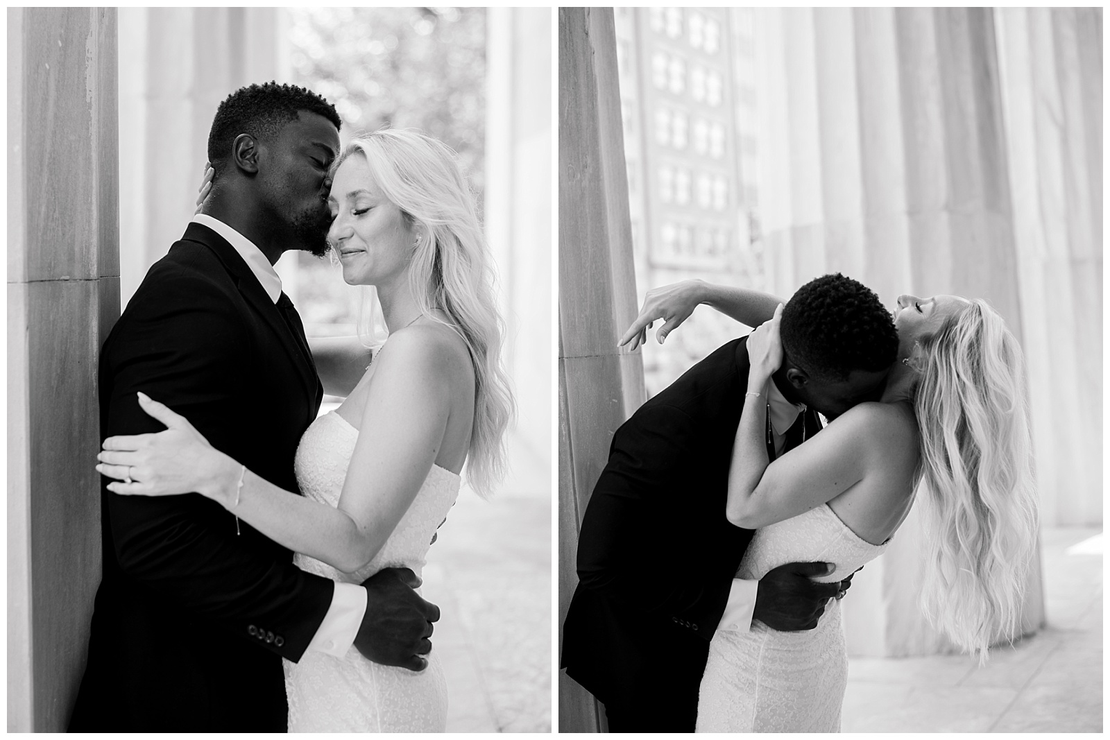 Romantic Old City Philadelphia engagement session in black and white, featuring a stylish couple sharing intimate kisses between marble columns, captured by a luxury Philadelphia wedding photographer.