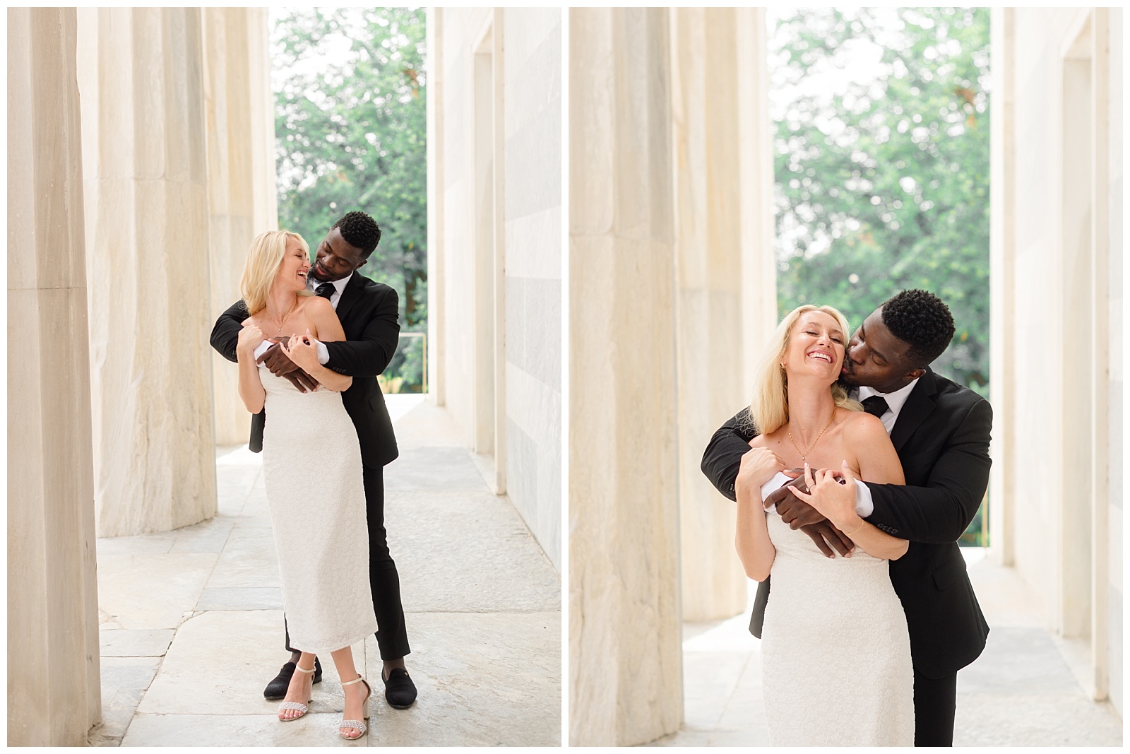 Playful Old City Philadelphia engagement session with a stylish couple laughing and embracing between marble columns, captured by Elizabeth Kane, a luxury Philadelphia wedding photographer.