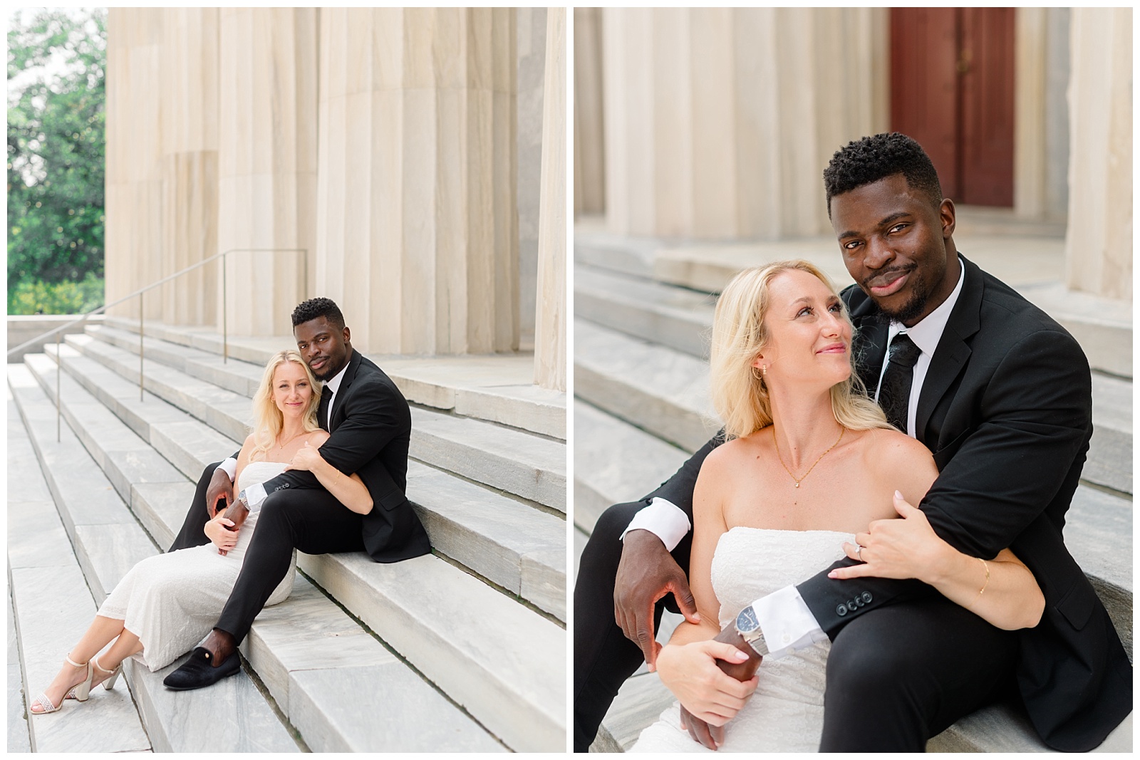 Romantic Old City Philadelphia engagement photos of a couple sitting on marble steps in elegant attire, captured by Elizabeth Kane, luxury Philadelphia wedding photographer.