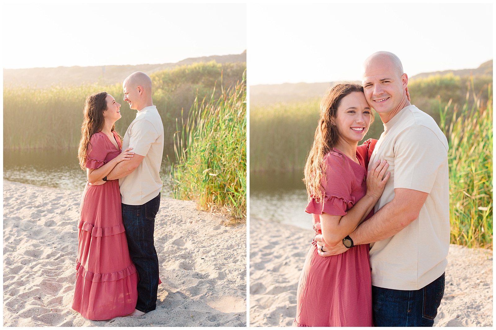 A couple sharing a quiet moment during a San Onofre Beach family session, surrounded by natural coastal scenery at sunset.