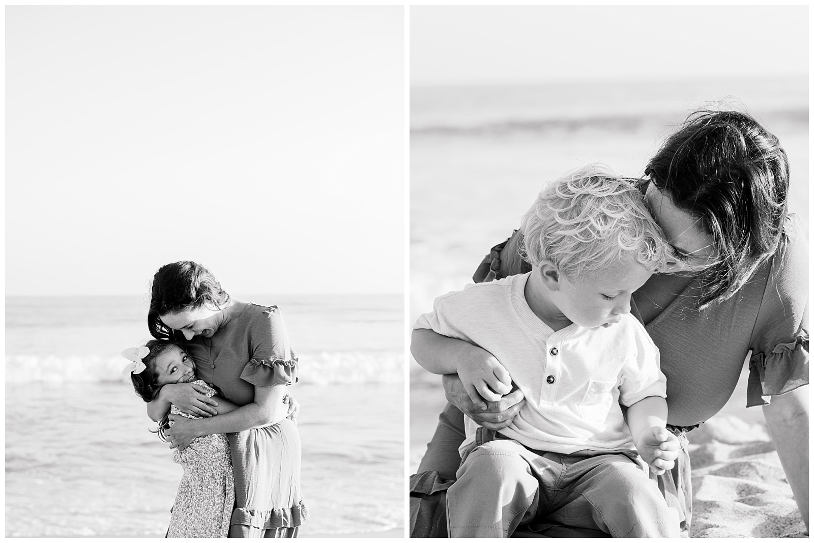 Mother and daughter embracing during a San Onofre Beach family session, photographed in soft coastal light with the ocean behind them.