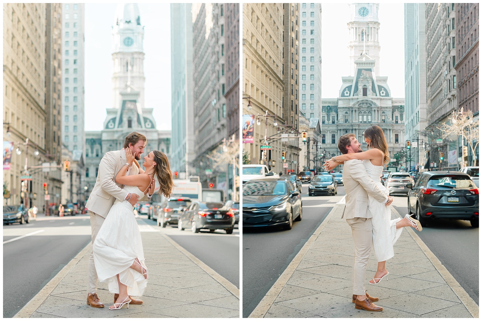 Couple embracing during a Philadelphia engagement session on Broad Street with Philadelphia City Hall framed behind them