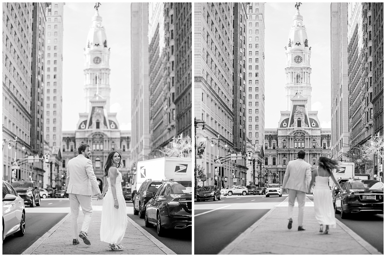 Couple walking hand in hand during a Philadelphia engagement session on Broad Street with Philadelphia City Hall in the background