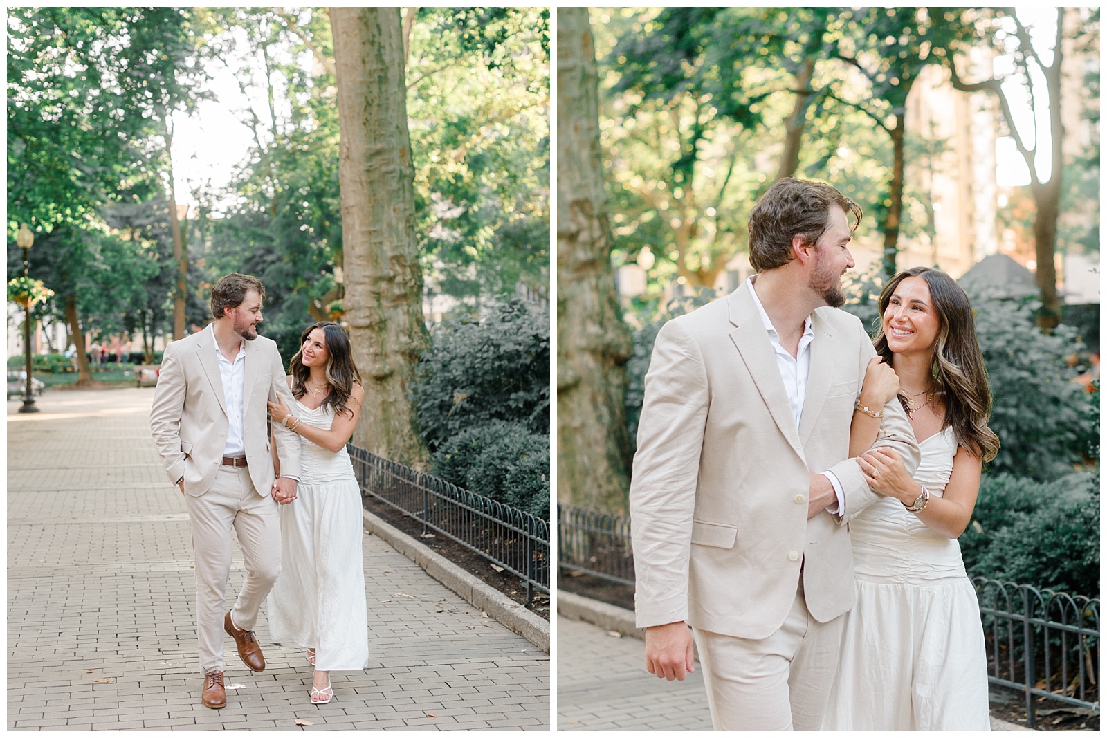 Couple walking hand in hand during a Philadelphia engagement session along a tree-lined path in Rittenhouse Square
