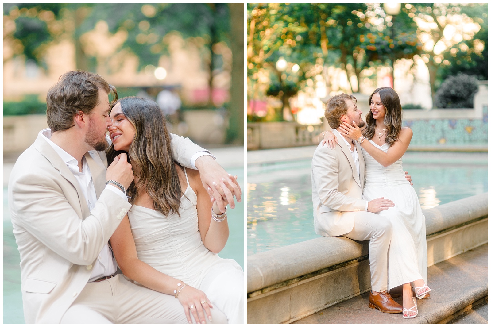 Classic Philadelphia engagement session featuring a couple seated by the fountain in Rittenhouse Square