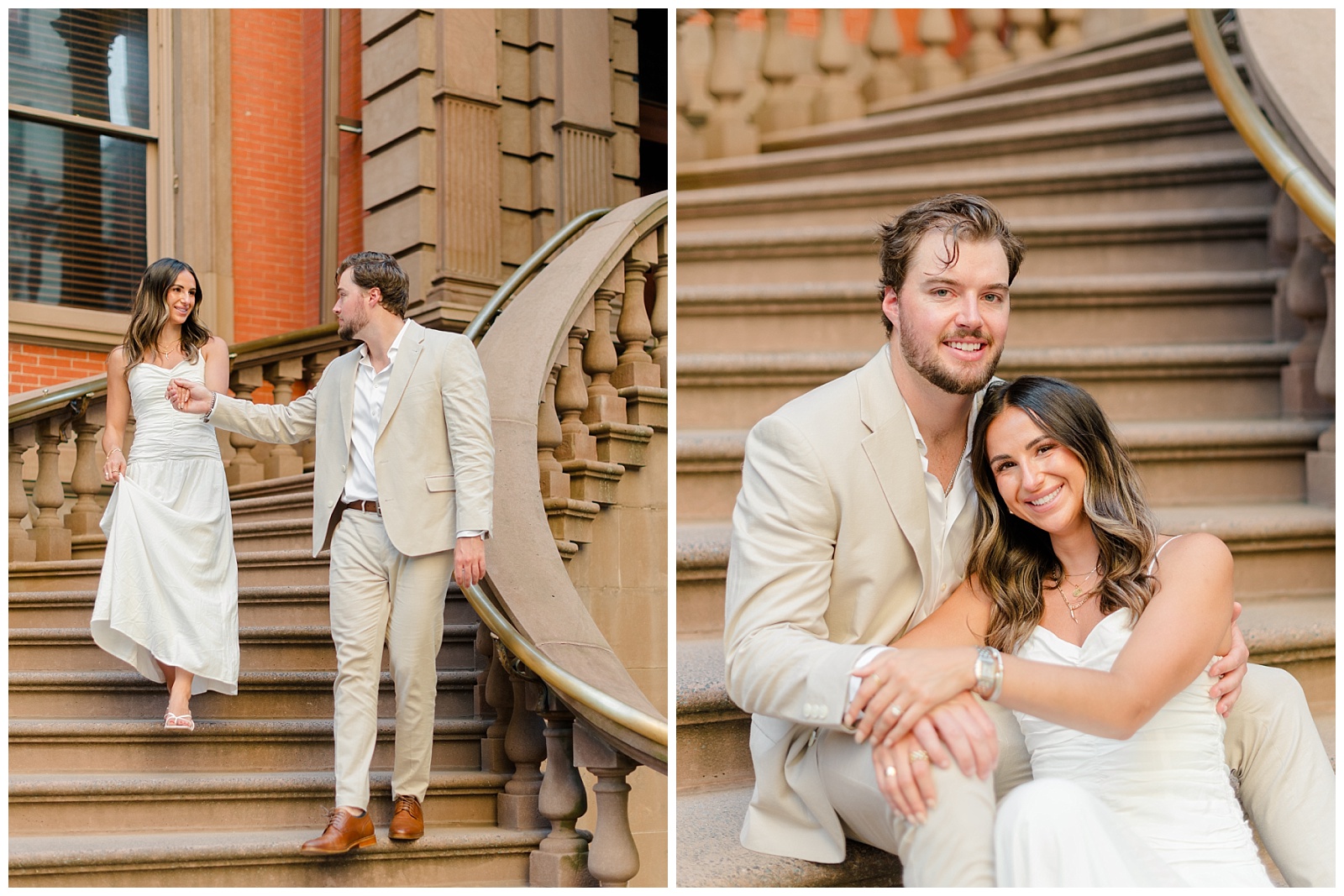 Couple sitting on historic stone steps outside the Union League during a Philadelphia engagement session, sharing a quiet moment in downtown Philadelphia