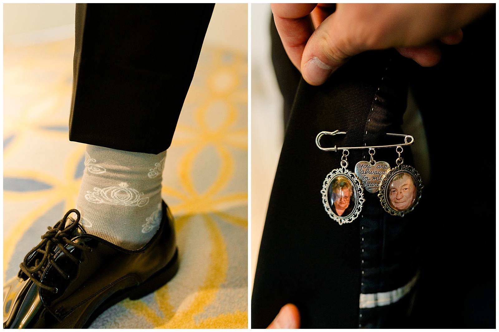 Memorial photo pin inside groom’s jacket during a luxury destination wedding at the Grand Floridian.