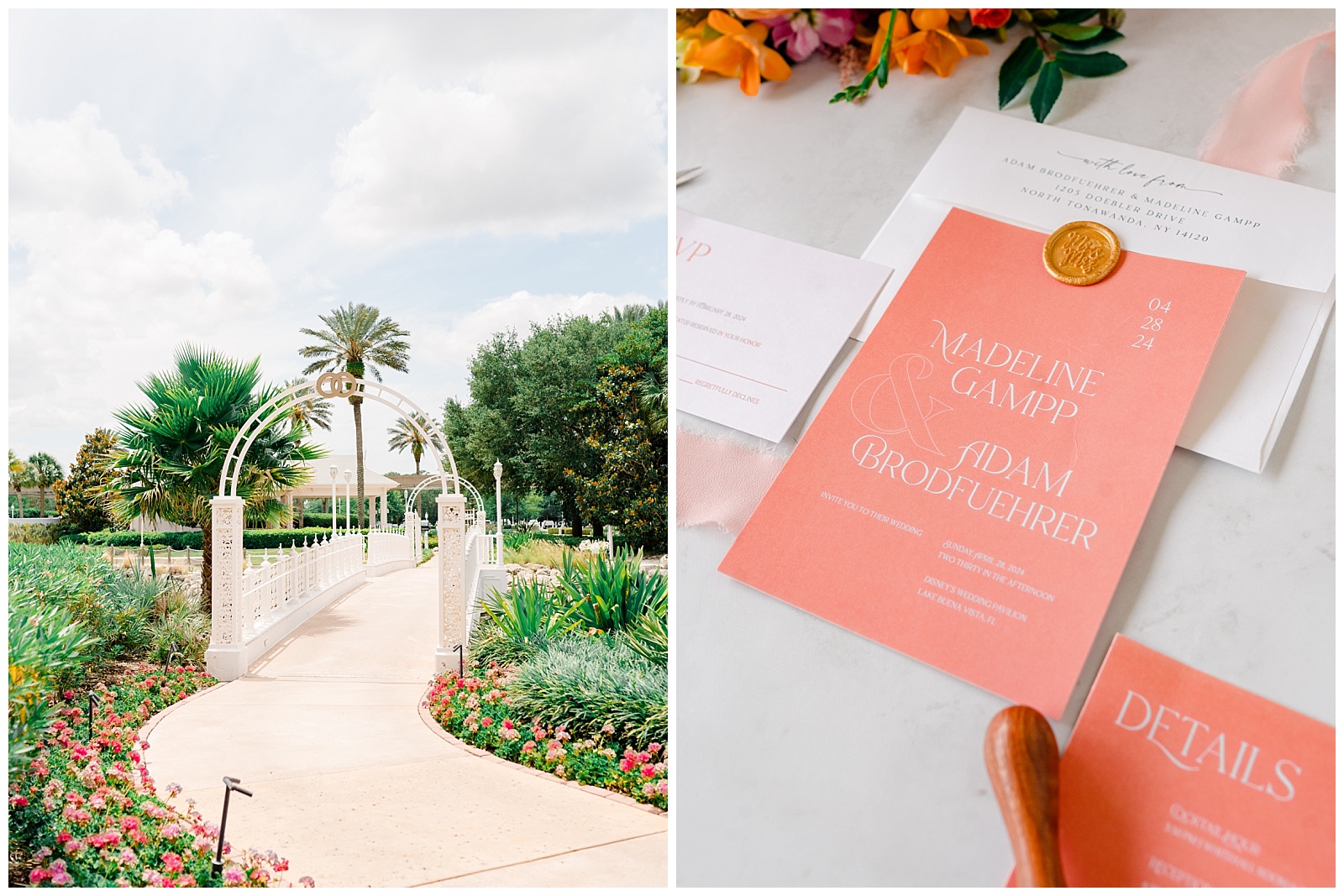 Garden walkway leading to the Disney Wedding Pavilion at a Grand Floridian wedding venue in Florida.